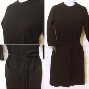 Vintage 60s Butte Knit 'Little Black Dress' 6/8 Knobby Wool Boucle Pockets Belt
